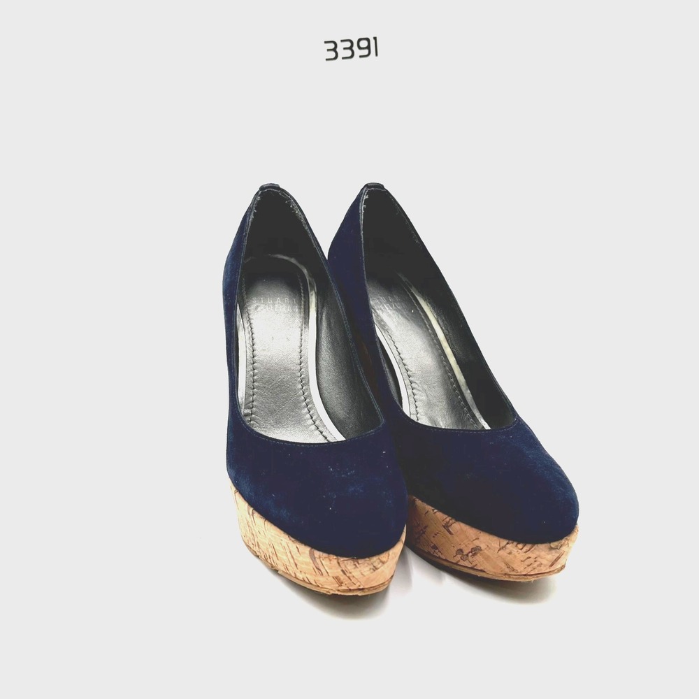 Stuart Weitzman Corkswoon Women 5 M Pump Navy Blue Round Toe Slip On Wedge Heel